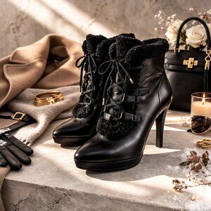 FENDI BLACK LEATHER LACE UP BOOTS
